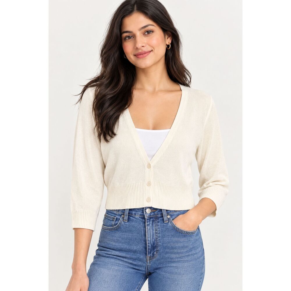 Merona Womens XXL Cream Cropped V-Neck Cardigan Sweater 3/4 Sleeve Knit Top
